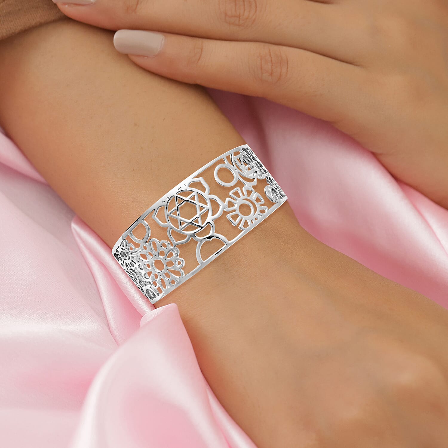 RACHEL GALLEY Chakra Collection - Rhodium Overlay Sterling Silver Open Bangle (Size 7.75), Silver wt. 31.00 Gms