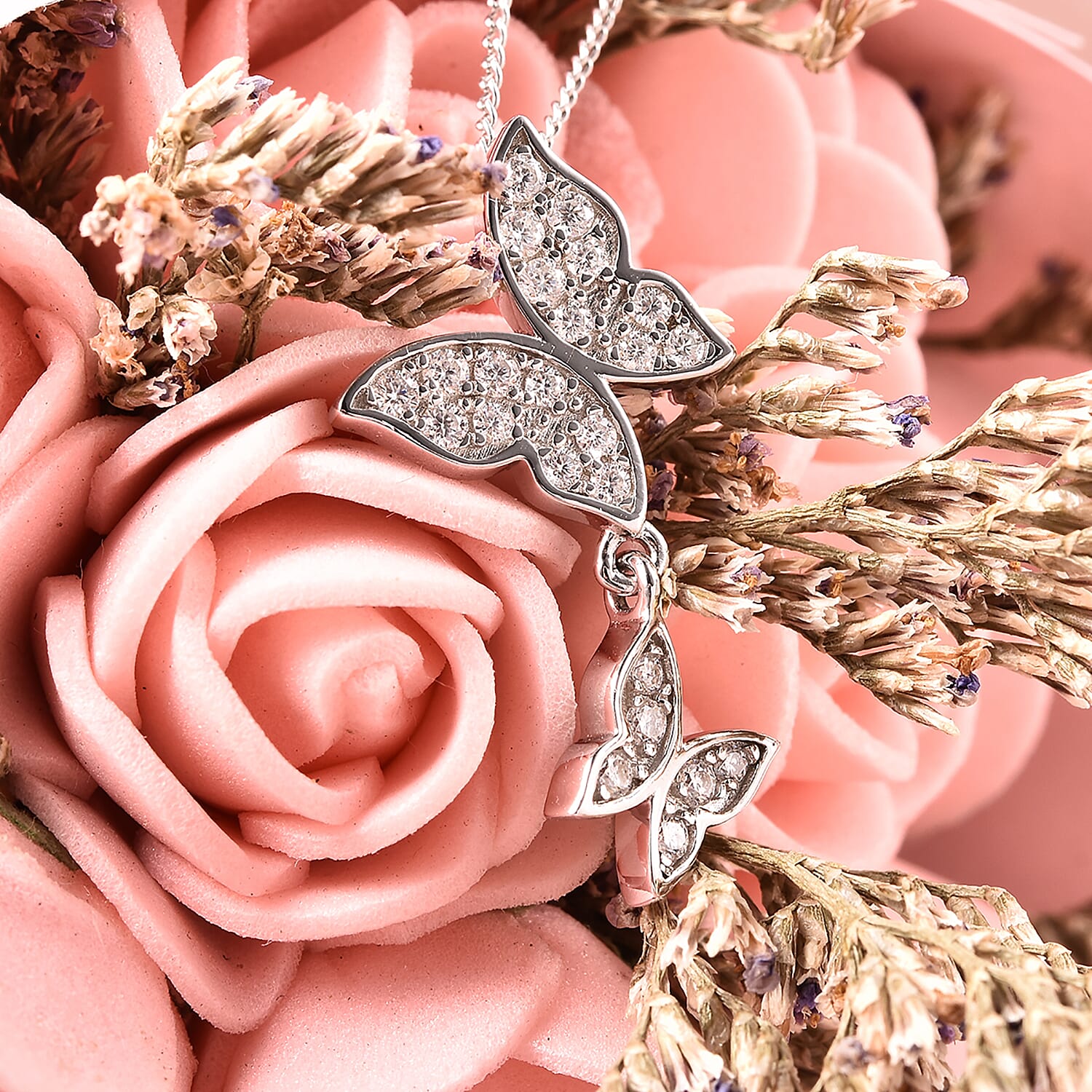 Moissanite Butterfly Pendant in Rhodium Overlay Sterling Silver