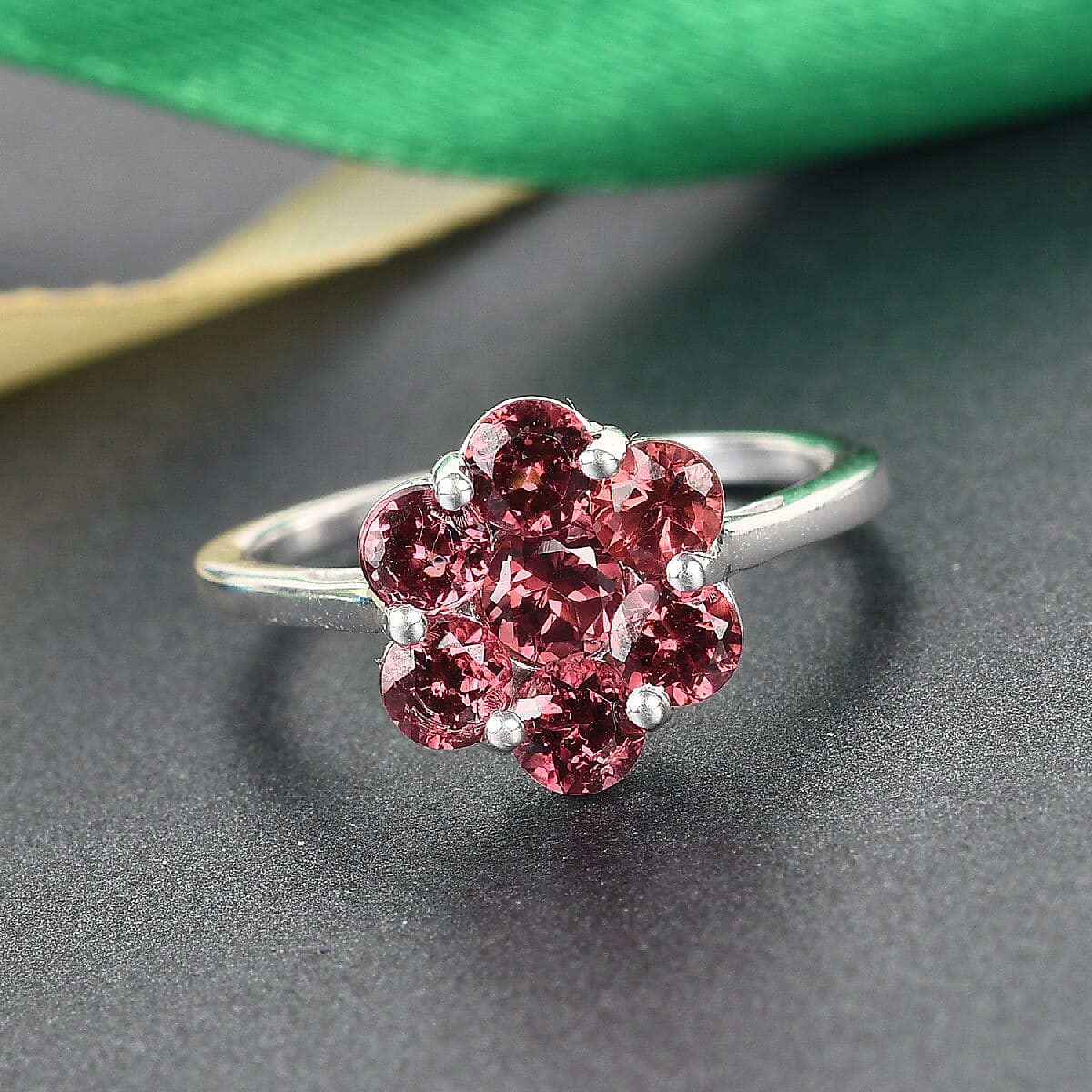 Rose Garnet Floral Cluster Ring in Sterling Silver 1.75 Ct.