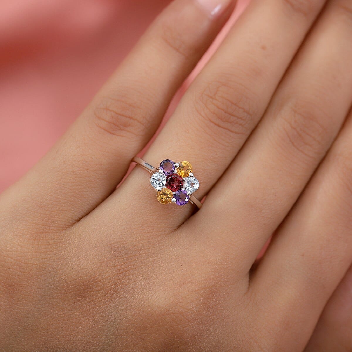 Citrine, Bolivian Amethyst, Skyblue Topaz and Rose Garne Floral Cluster Ring in Sterling Silver 1.56 Ct.
