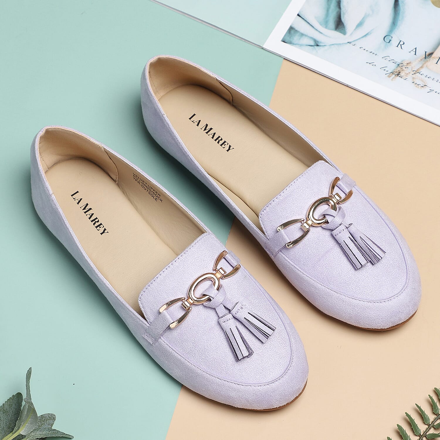 LA MAREY Velvet with Tassel and Metal Buckle Detailing Loafers - Light Purple