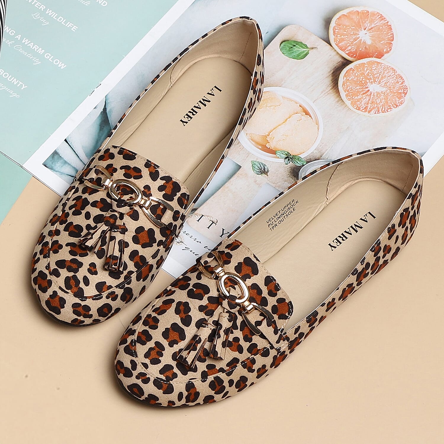 LA MAREY Leopard Patttern Velvet Flat Shoes with Tassel - Brown