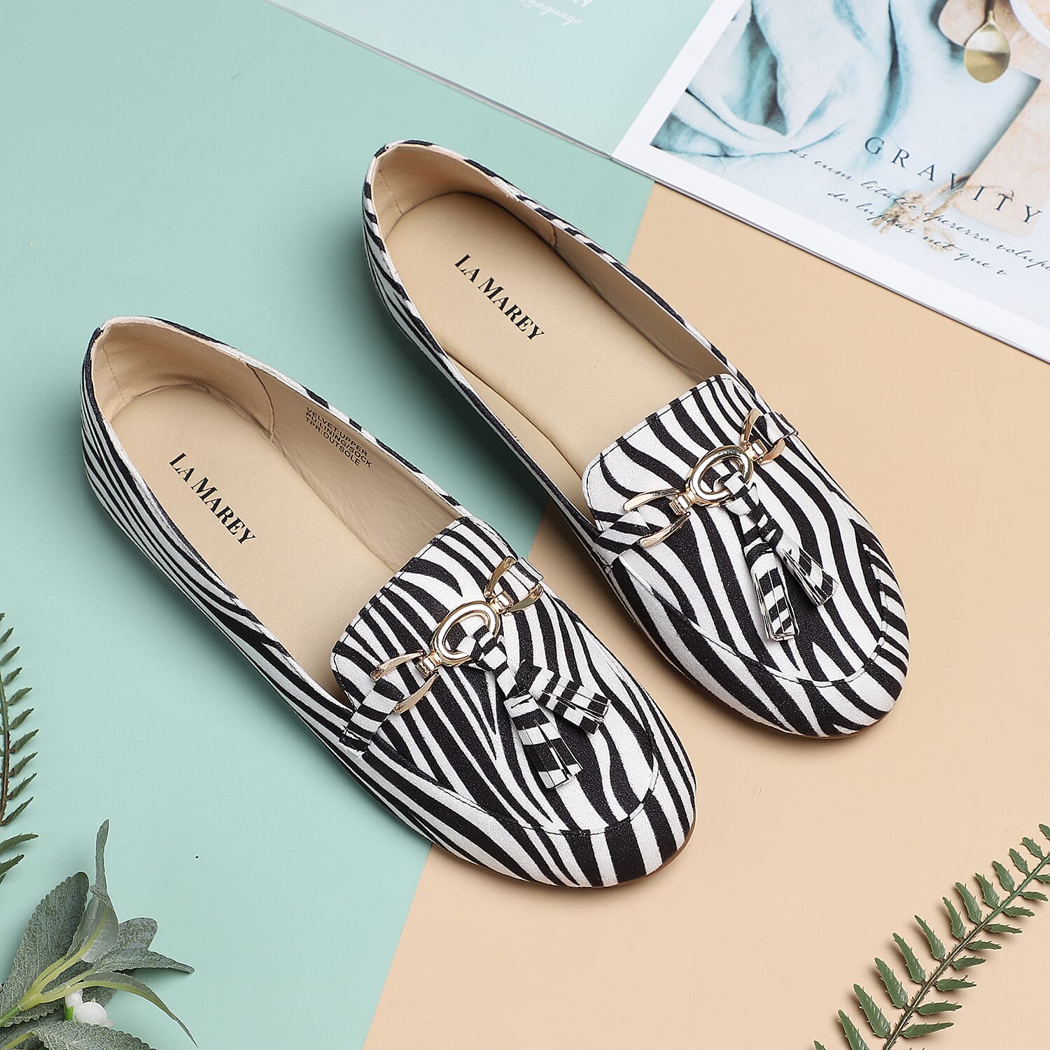 LA MAREY Zebra Pattern Velvet Flat Shoes with Tassel (Size 3) - White & Black