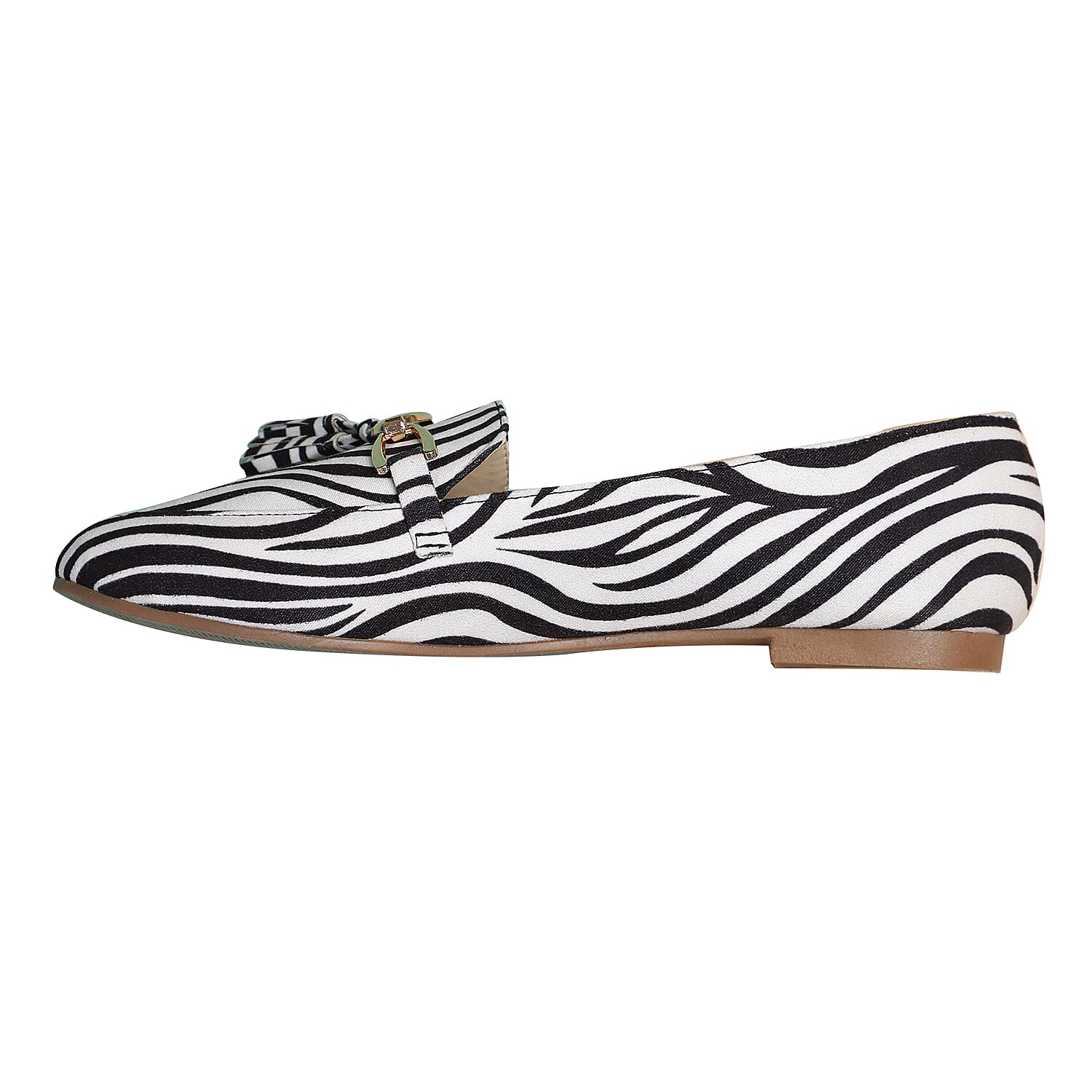 LA MAREY Zebra Pattern Velvet Flat Shoes with Tassel (Size 3) - White & Black