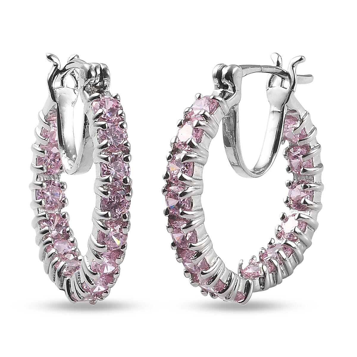 One Time Deal - Simulated Pink Sapphire Hoop Earrings in Silver Tone
