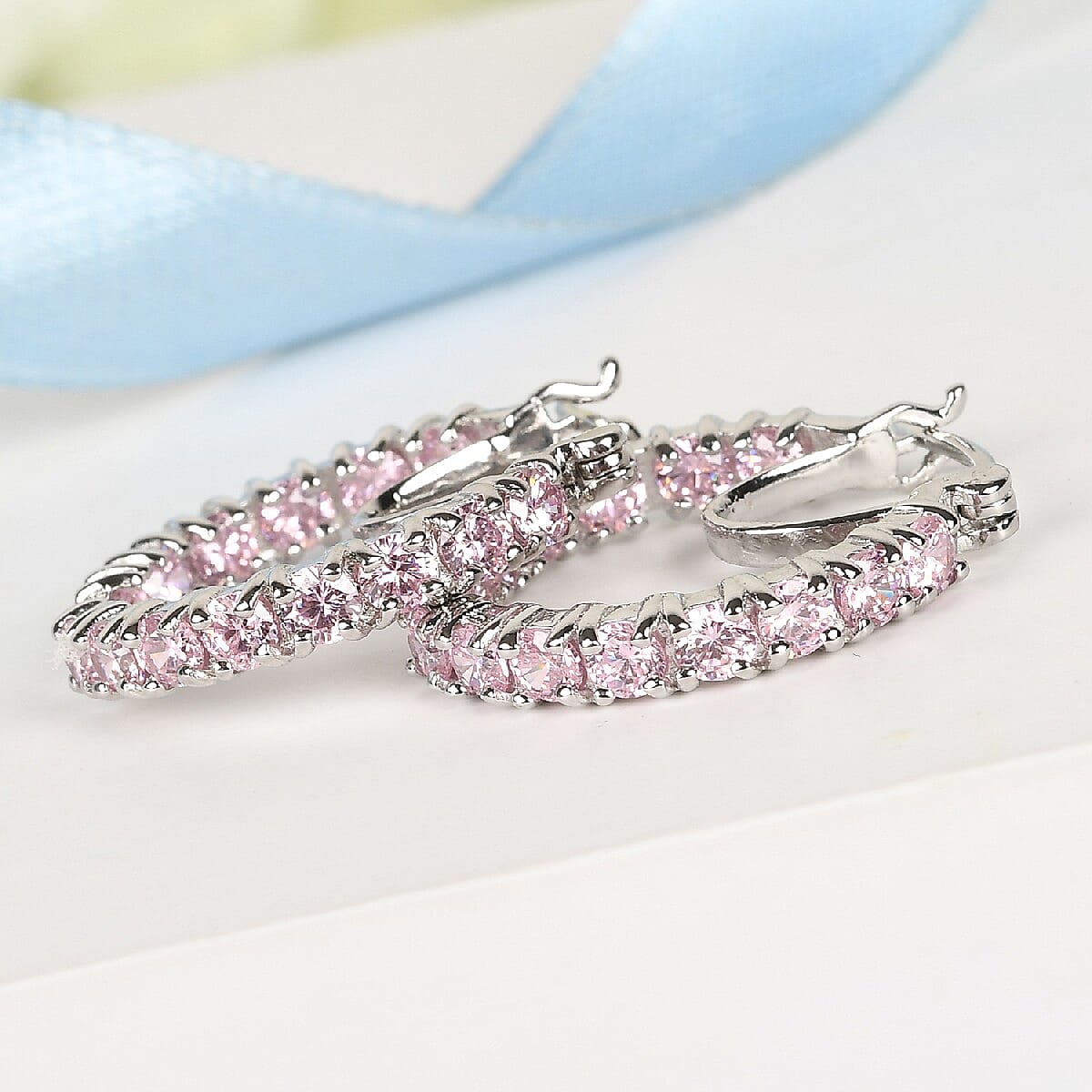 One Time Deal - Simulated Pink Sapphire Hoop Earrings in Silver Tone