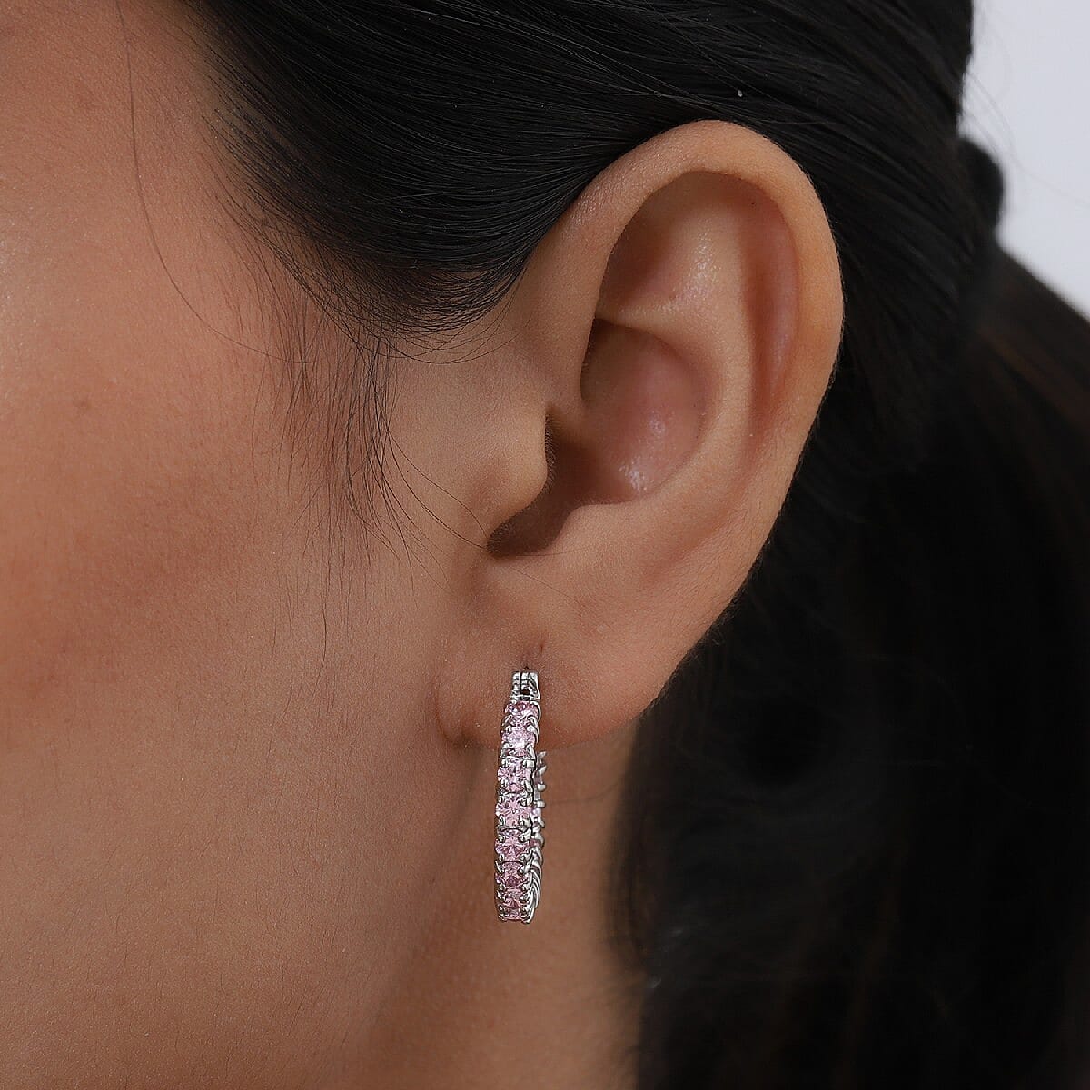 One Time Deal - Simulated Pink Sapphire Hoop Earrings in Silver Tone