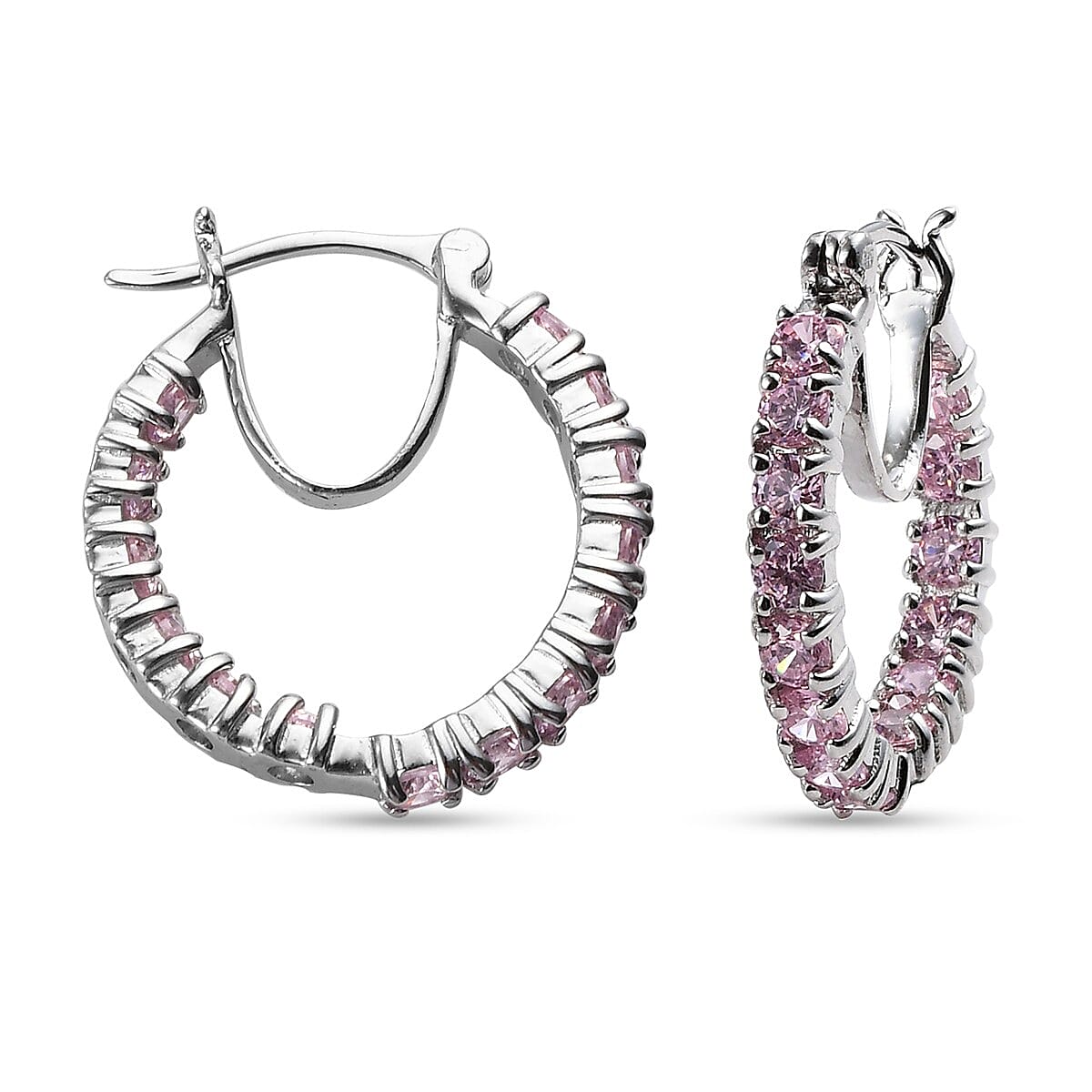 One Time Deal - Simulated Pink Sapphire Hoop Earrings in Silver Tone