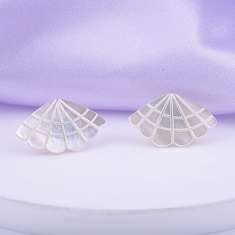 White Shell Pearl Stud Earrings in Silver Tone