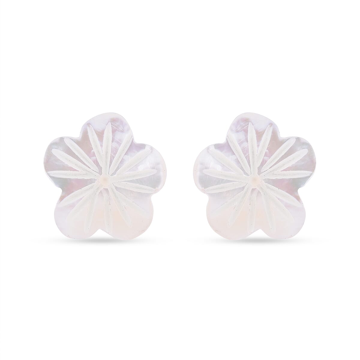 White Shell Pearl Floral Stud Push Back Earrings in Silver Tone