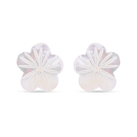 White Shell Pearl Floral Stud Earrings (with Push Back) in Silver Tone