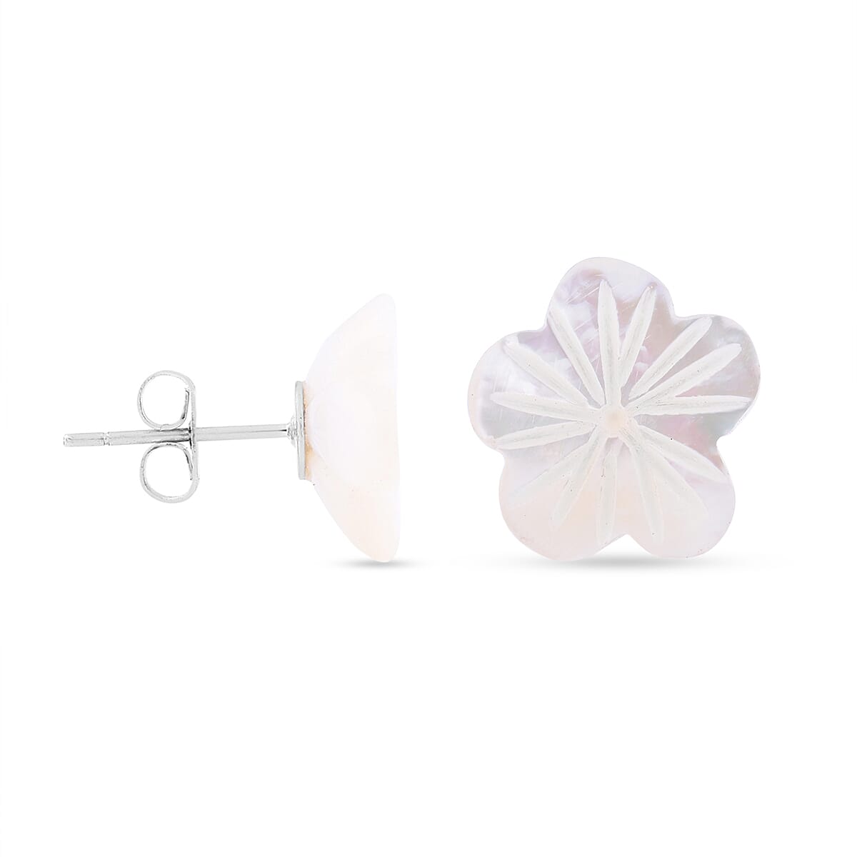 White Shell Pearl Floral Stud Push Back Earrings in Silver Tone