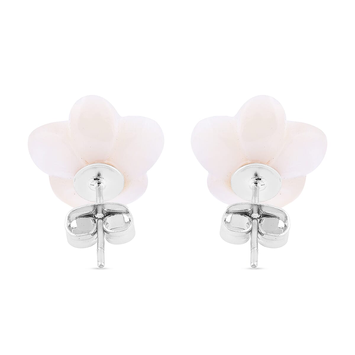 White Shell Pearl Floral Stud Push Back Earrings in Silver Tone