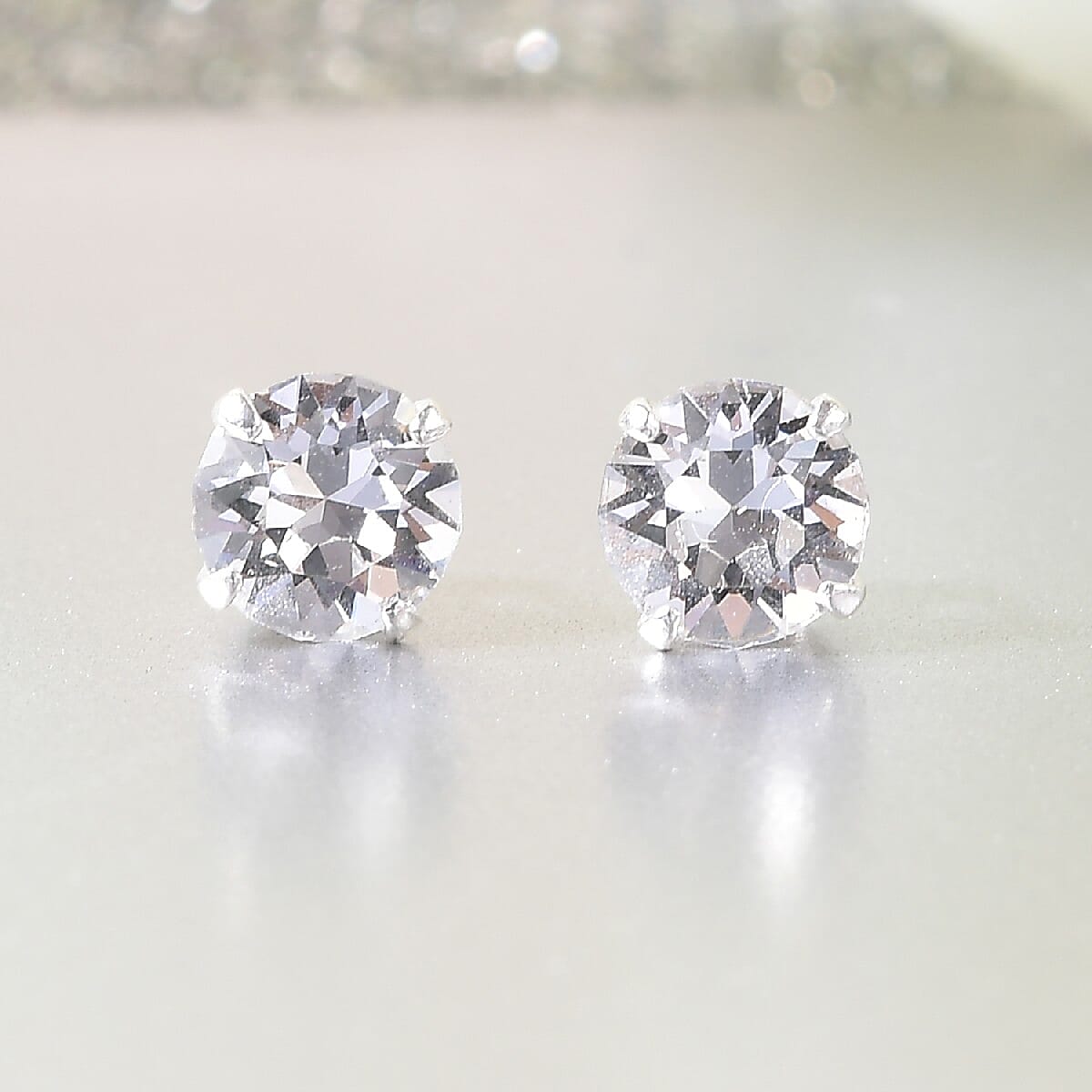Lustro Stella - White Crystal Stud Earrings (with Push Back) in Sterling Silver