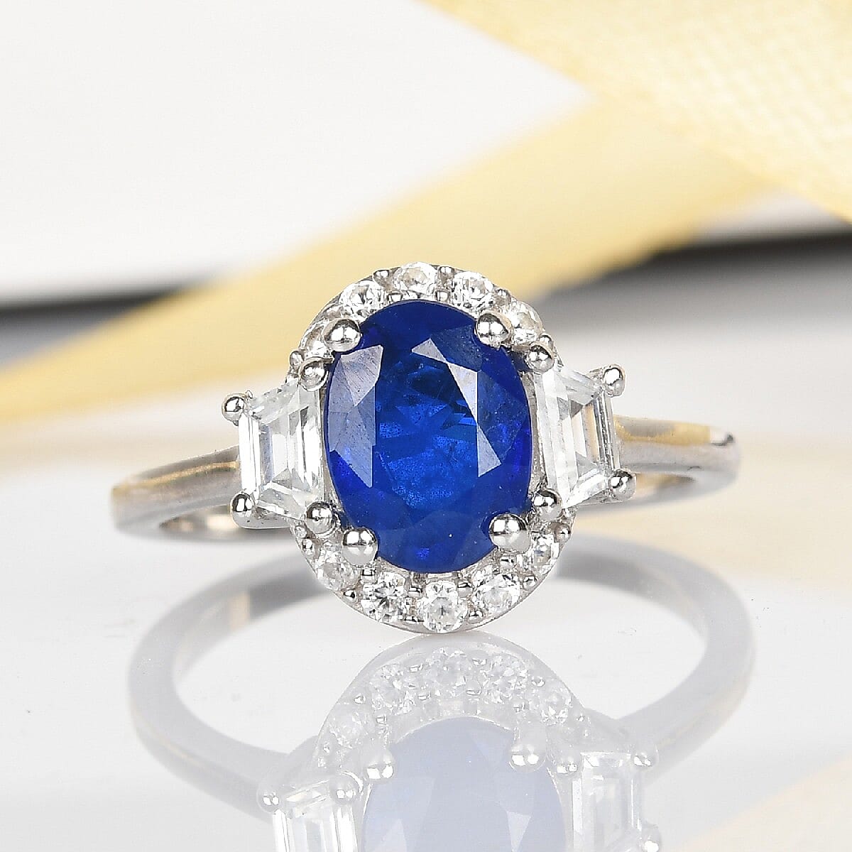 Tanzanian Blue Spinel and Natural Cambodian Zircon Ring in Platinum Overlay Sterling Silver 1.57 Ct.
