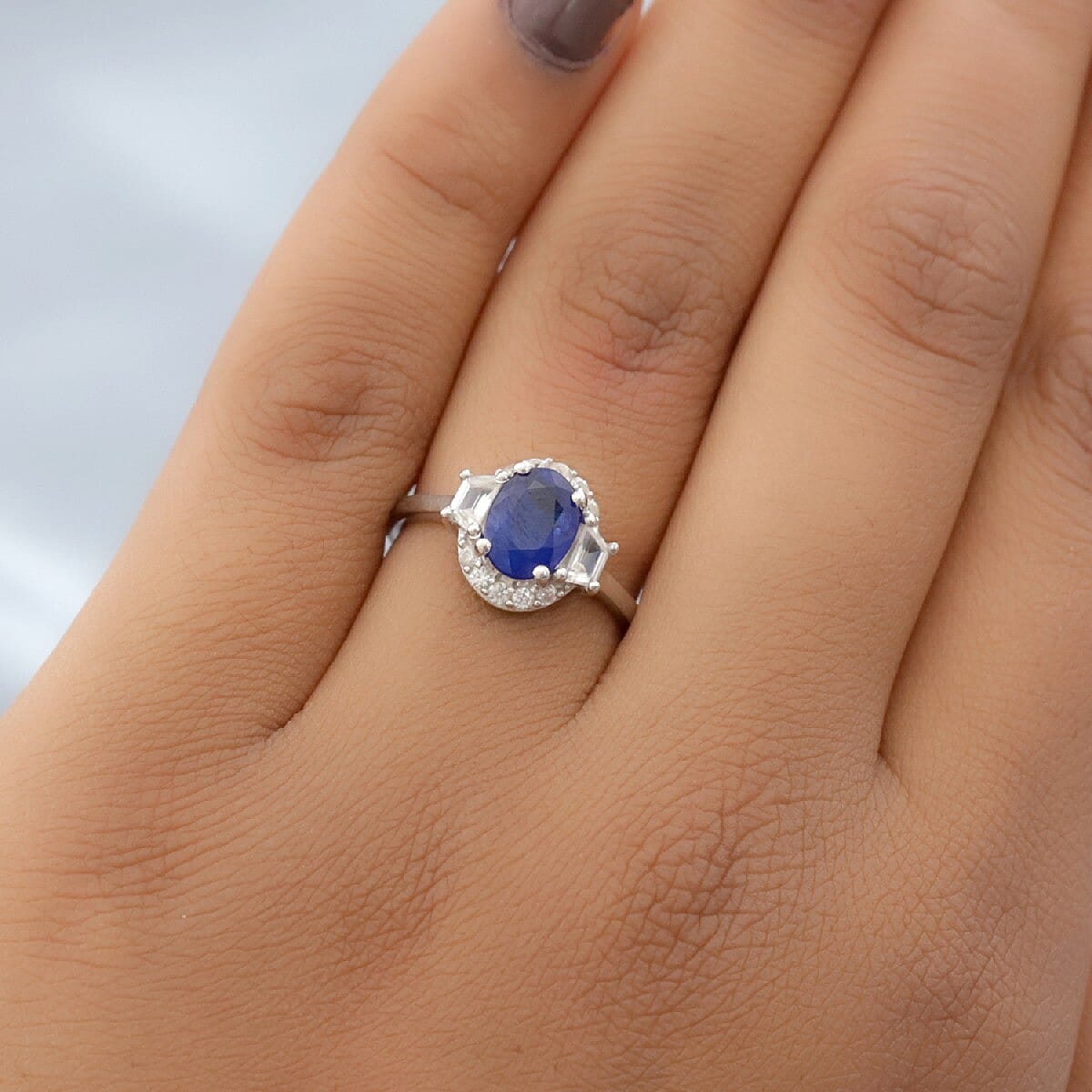 Tanzanian Blue Spinel and Natural Cambodian Zircon Ring in Platinum Overlay Sterling Silver 1.57 Ct.