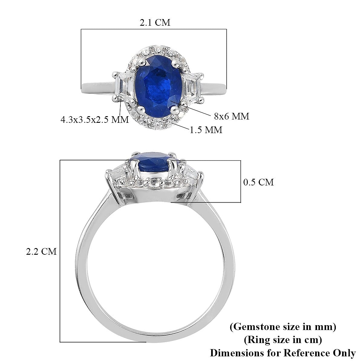 Tanzanian Blue Spinel and Natural Cambodian Zircon Ring in Platinum Overlay Sterling Silver 1.57 Ct.