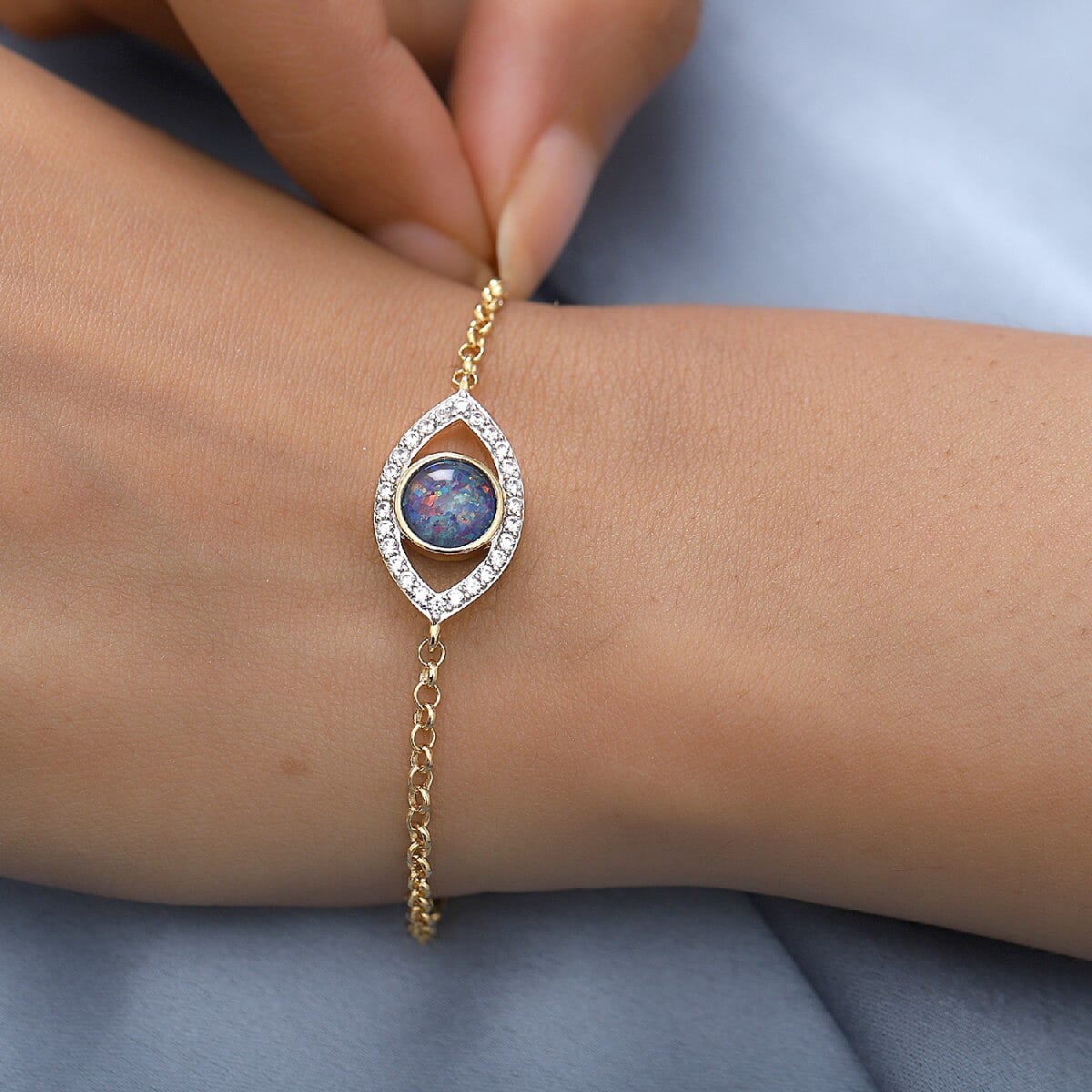 Australian Boulder Opal and Natural Cambodian Zircon Eye Bracelet (Size - 7.5) in 14K Gold Overlay Sterling Silver 1.75 Ct.