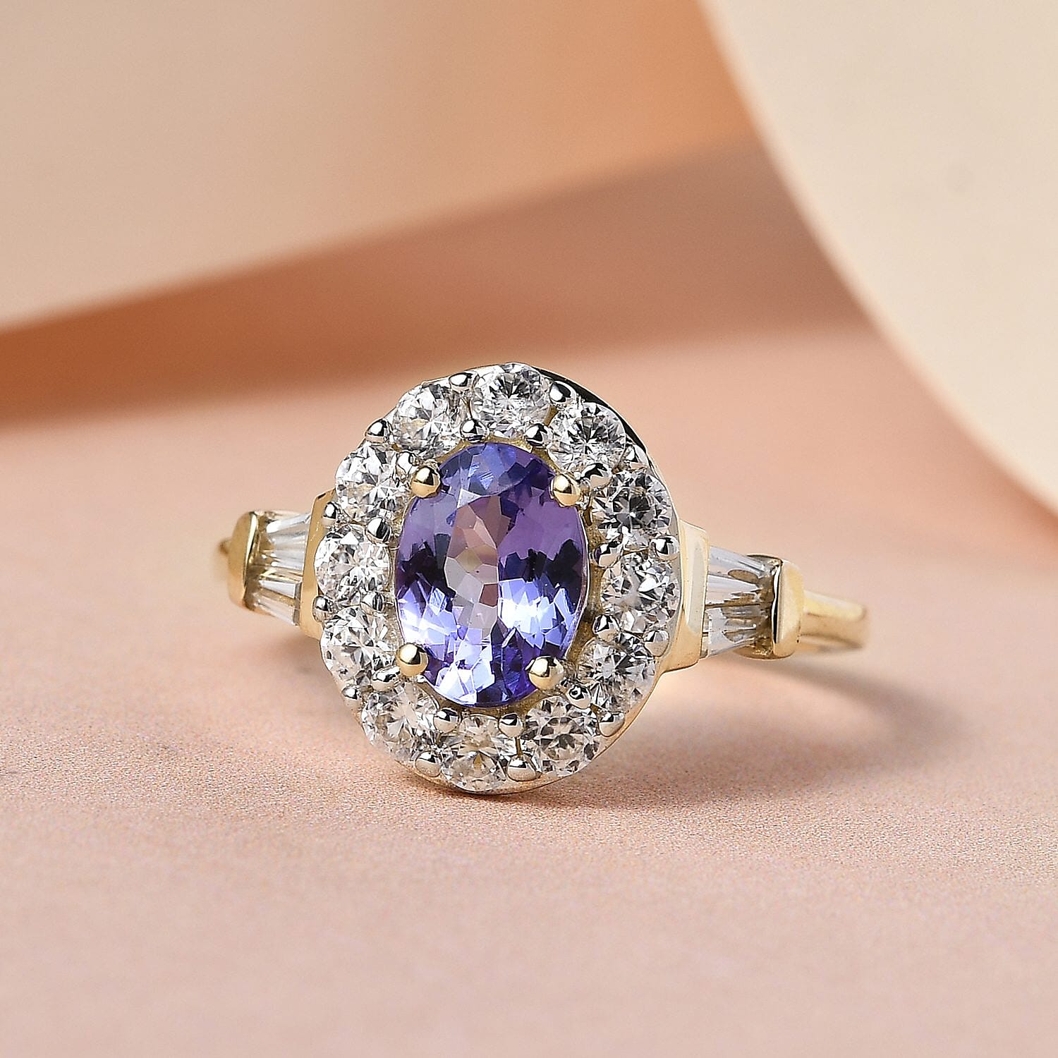9K Yellow Gold AA Tanzanite and Natural Cambodian Zircon Ring 1.89 Ct.