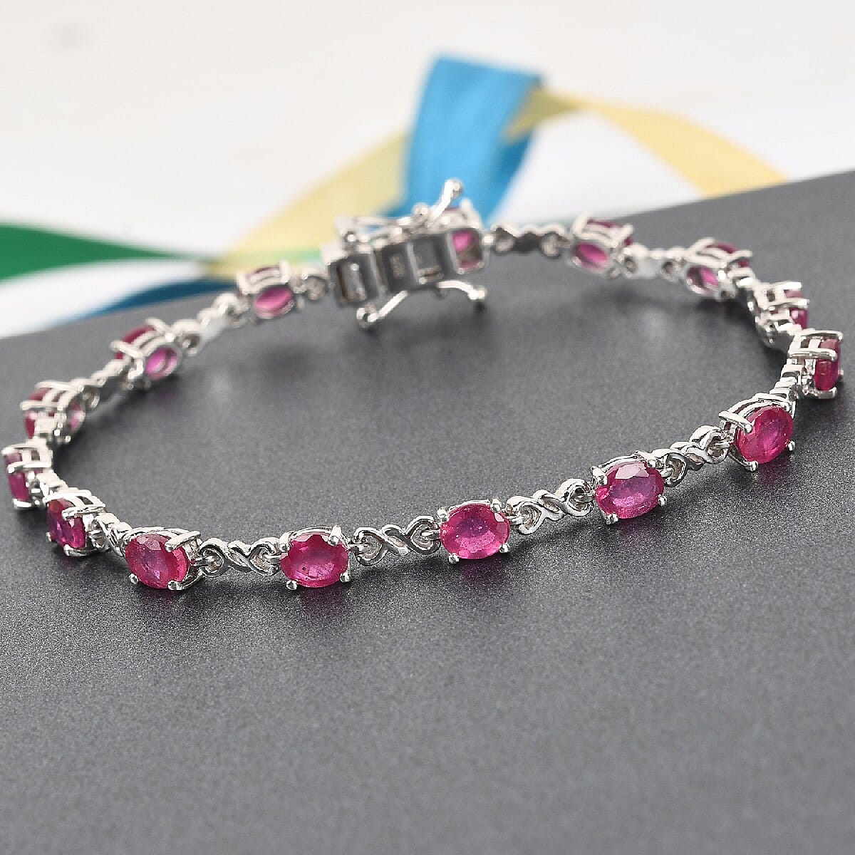 DOD - African Ruby Line Bracelet (Size 7) in Platinum Overlay Sterling Silver 7.48 Ct, Silver wt. 7.00 Gms