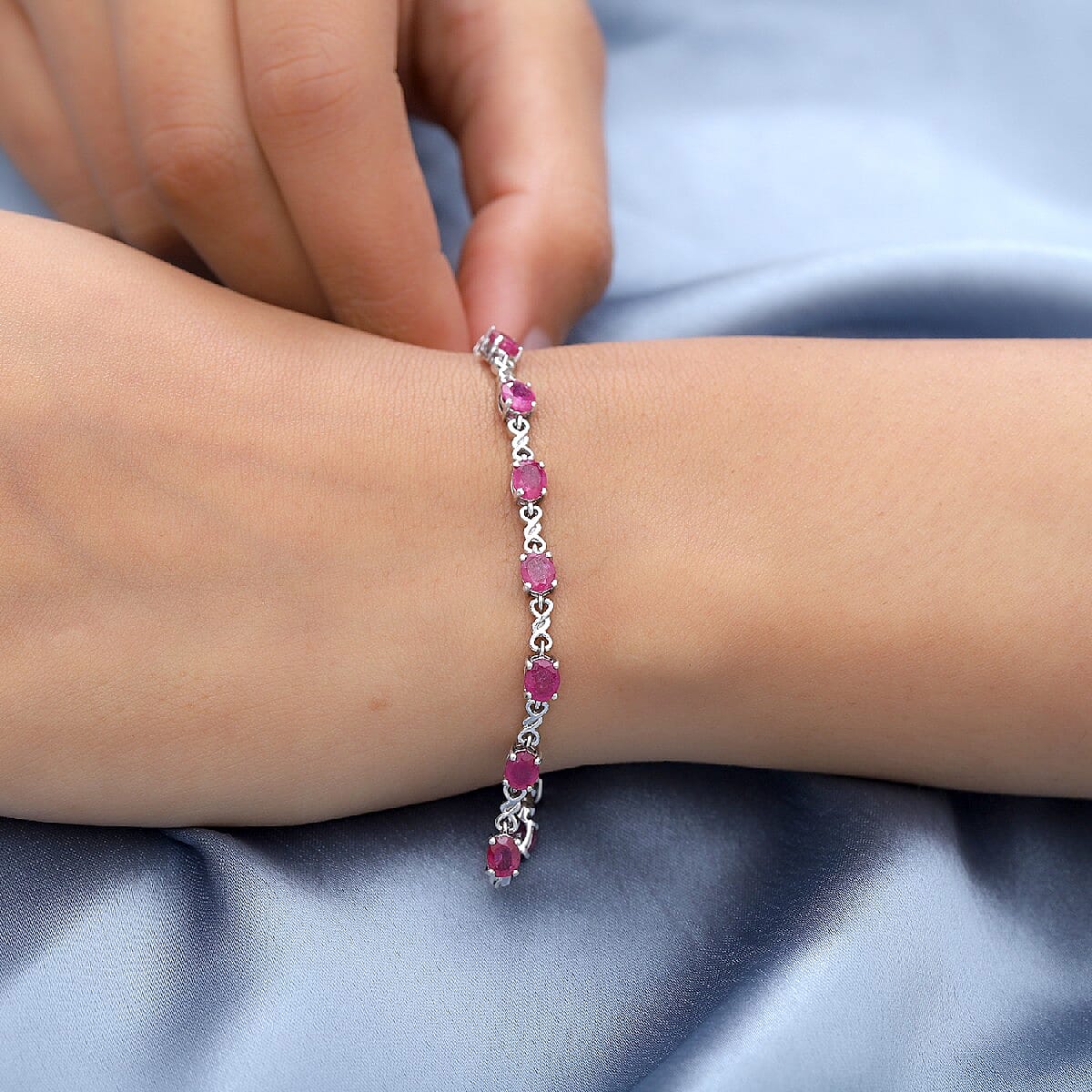 DOD - African Ruby Line Bracelet (Size 7) in Platinum Overlay Sterling Silver 7.48 Ct, Silver wt. 7.00 Gms