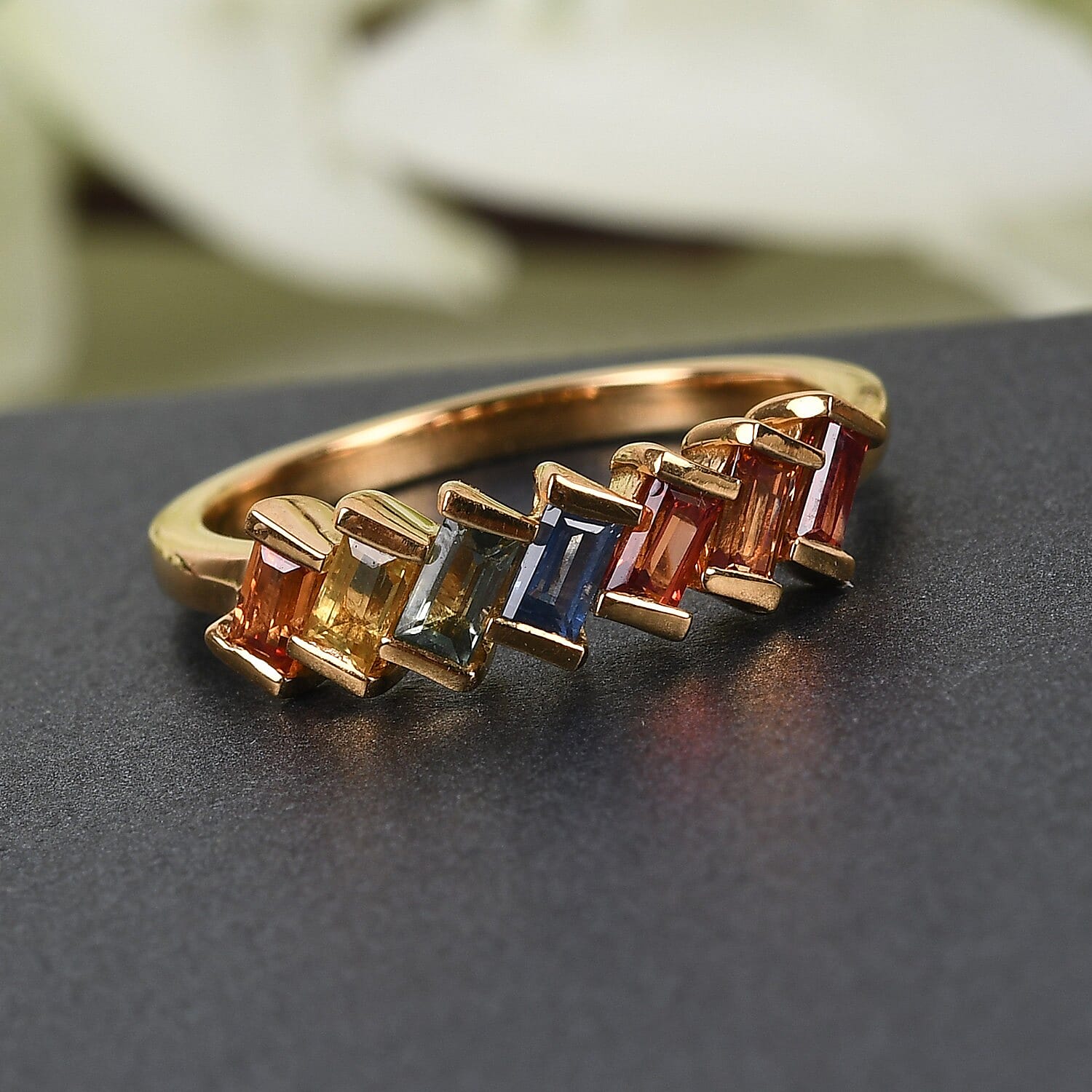 Rainbow Sapphire Band Ring in 18K Vermeil Yellow Gold Overlay Sterling Silver