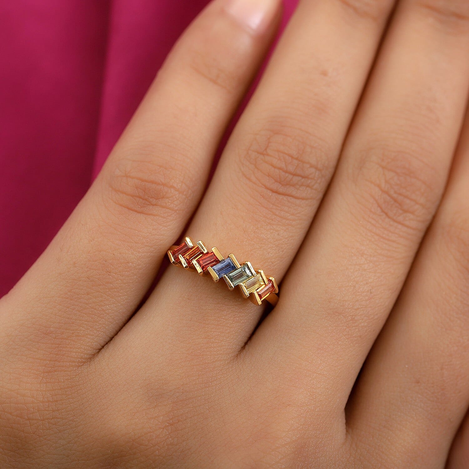 Rainbow Sapphire Band Ring in 18K Vermeil Yellow Gold Overlay Sterling Silver