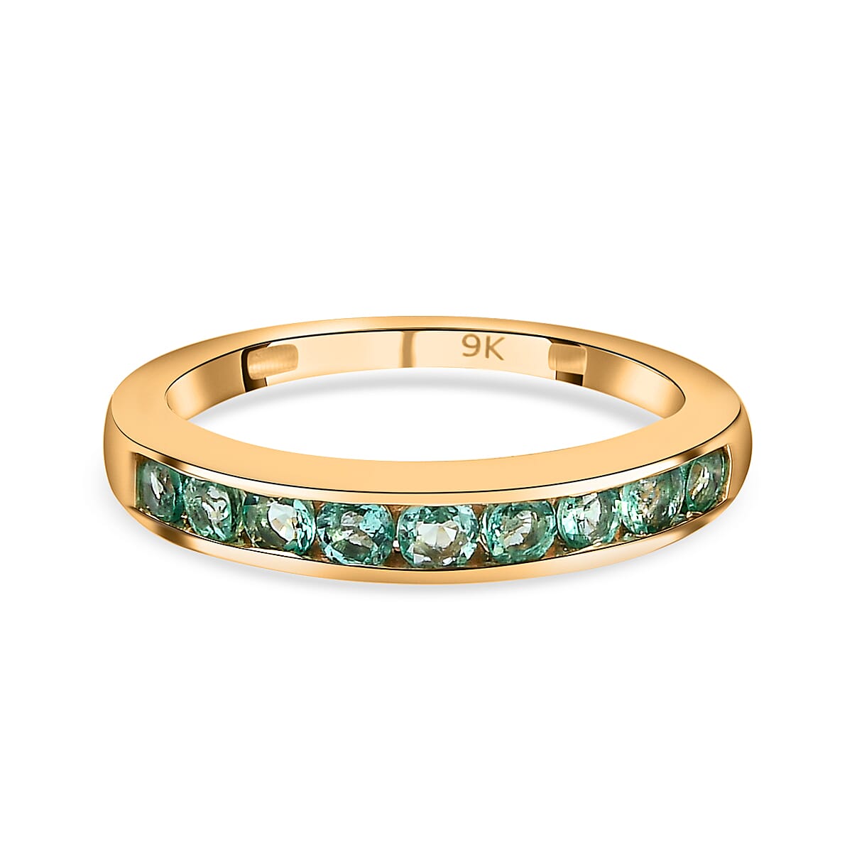 9K Yellow Gold AA Boyaca Colombian Emerald Half Eternity Band Ring 0.54 Ct.