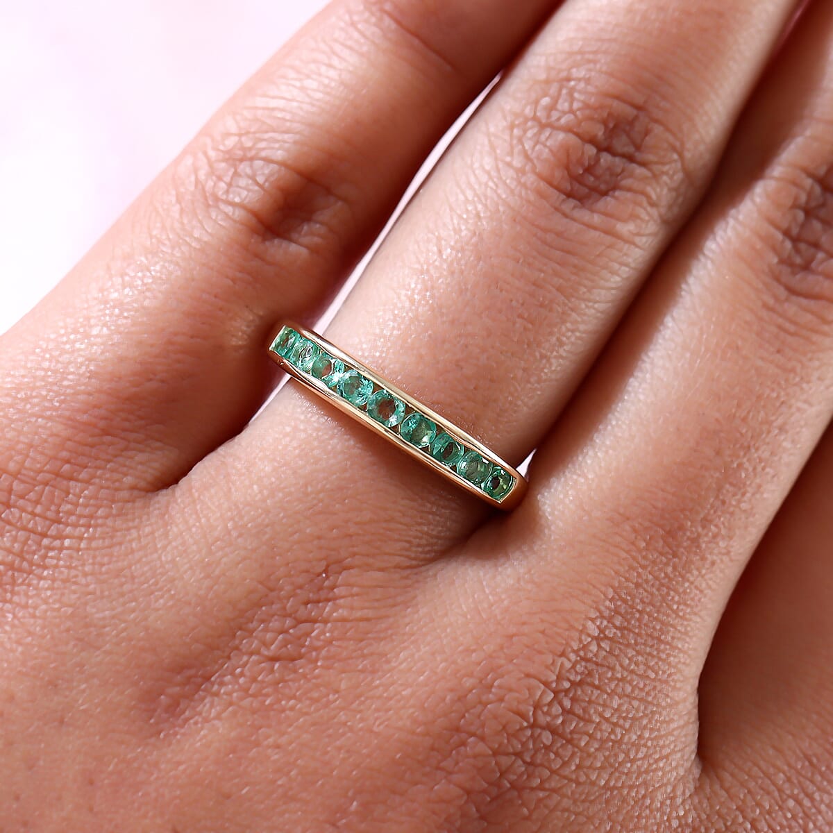 9K Yellow Gold AA Boyaca Colombian Emerald Half Eternity Band Ring 0.54 Ct.
