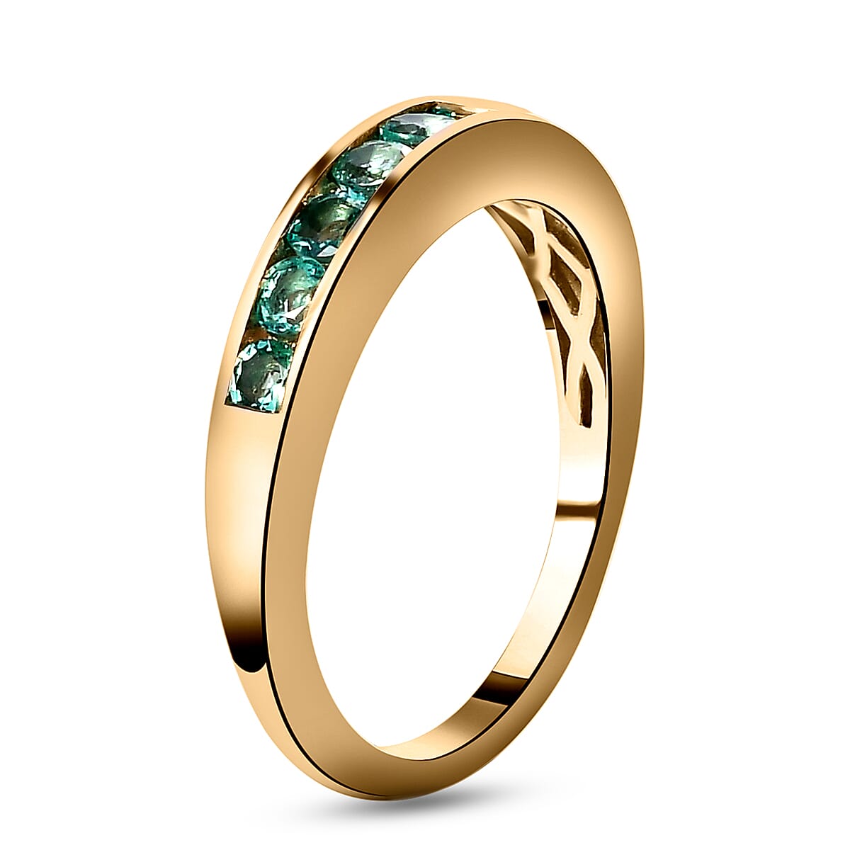 9K Yellow Gold AA Boyaca Colombian Emerald Half Eternity Band Ring 0.54 Ct.