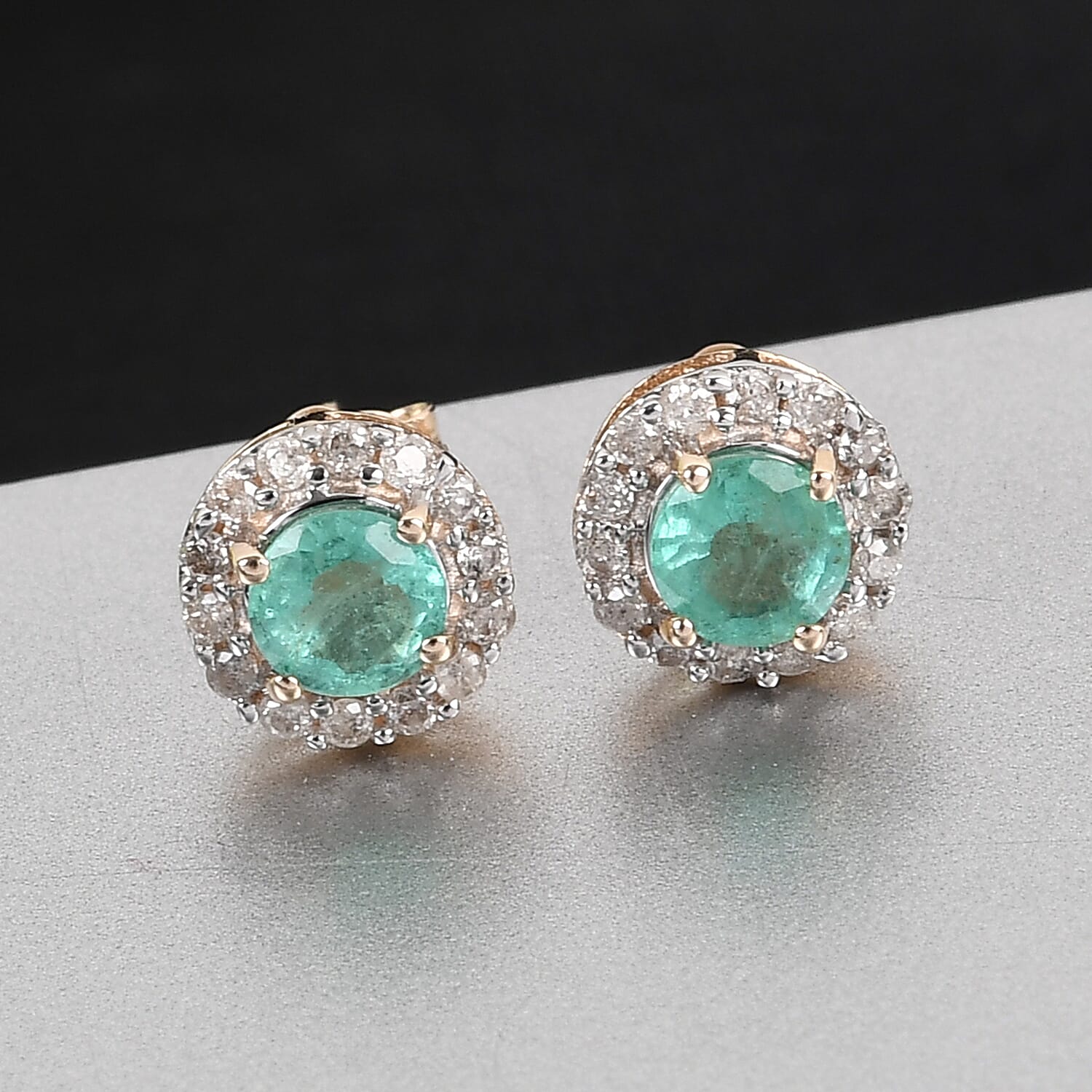 9K Yellow Gold Boyaca Colombian Emerald and Diamond Stud Earrings (with Push Back)
