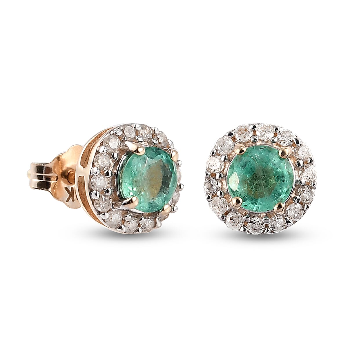 9K Yellow Gold Boyaca Colombian Emerald and Diamond Stud Earrings (with Push Back)