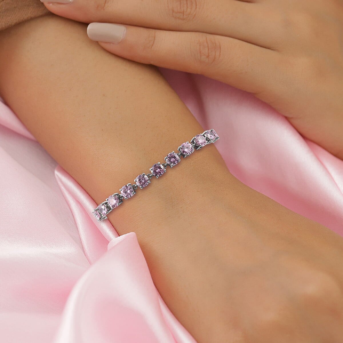One Time Deal - Simulated Pink Sapphire Tennis Bracelet (Size 7 with Half Inch Extender) in Silver Tone