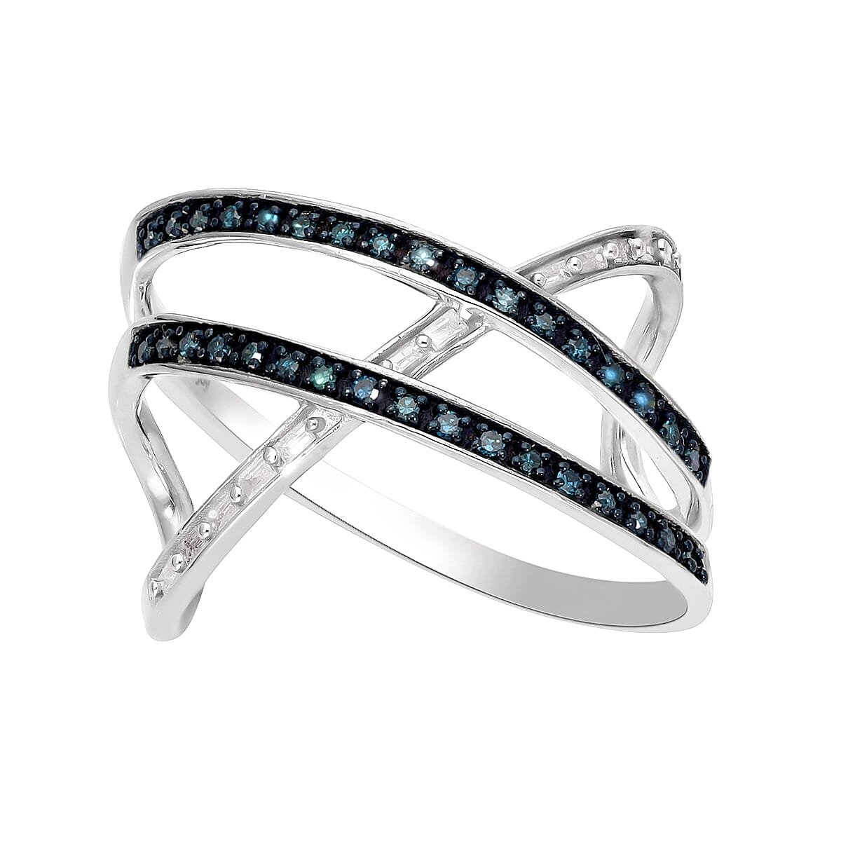White Diamond and Blue Diamond Criss-Cross Overlap Ring in Platinum Overlay Sterling Silver 0.27 Ct.