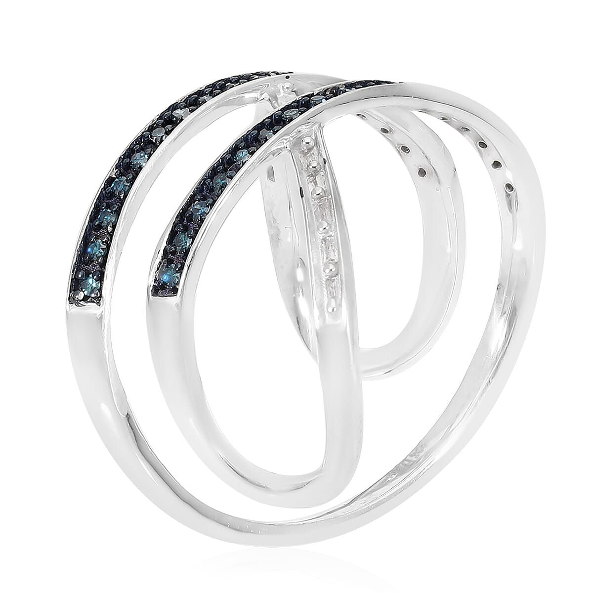 White Diamond and Blue Diamond Criss-Cross Overlap Ring in Platinum Overlay Sterling Silver 0.27 Ct.