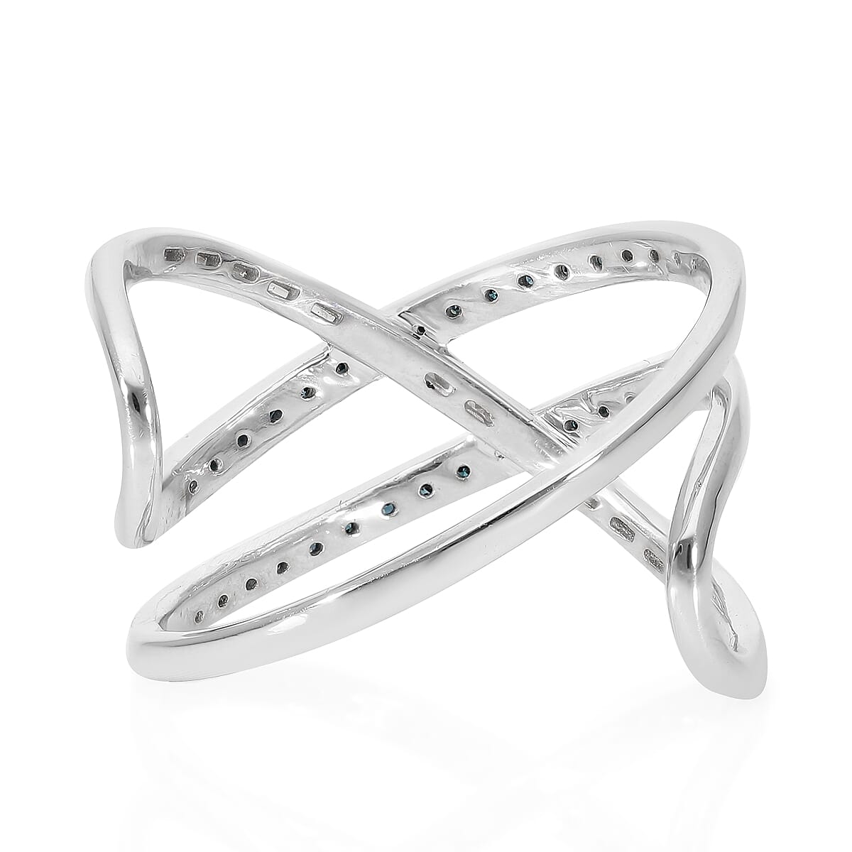White Diamond and Blue Diamond Criss-Cross Overlap Ring in Platinum Overlay Sterling Silver 0.27 Ct.