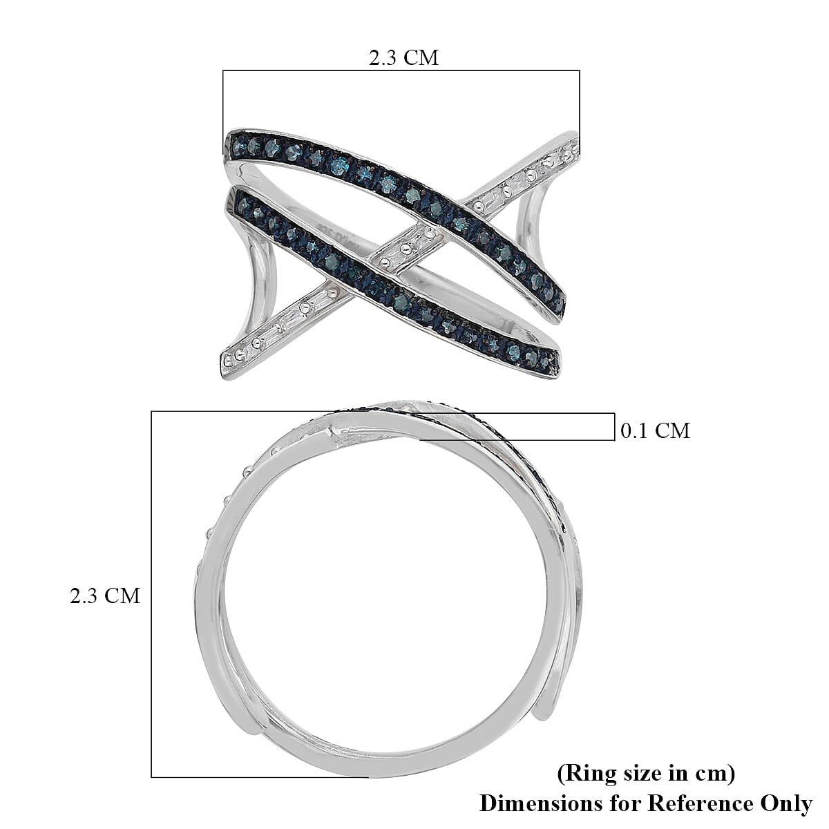 White Diamond and Blue Diamond Criss-Cross Overlap Ring in Platinum Overlay Sterling Silver 0.27 Ct.