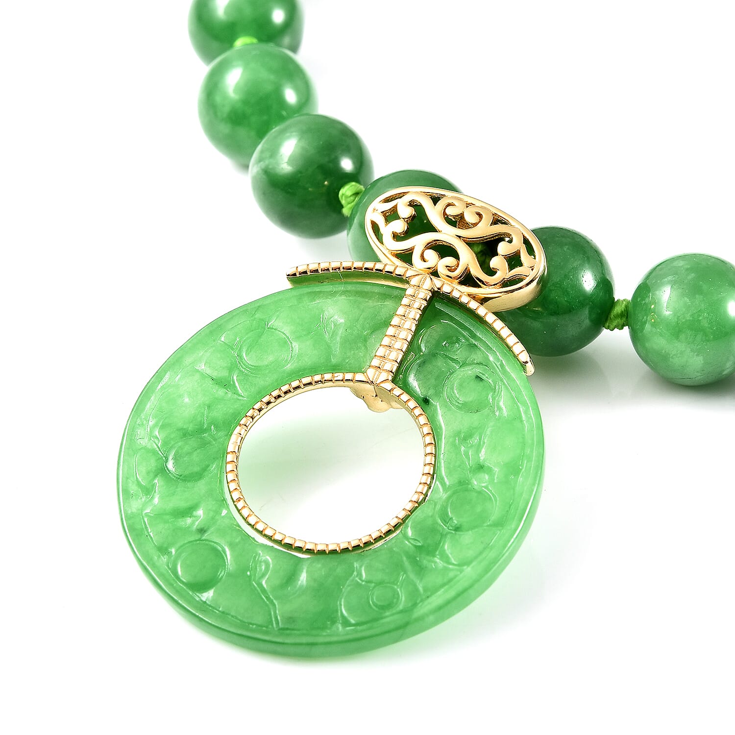 Carved Green Jade Beads Necklace (Size 18) with Magnetic Lock in Yellow Gold Overlay Sterling Silver 356.00 Ct