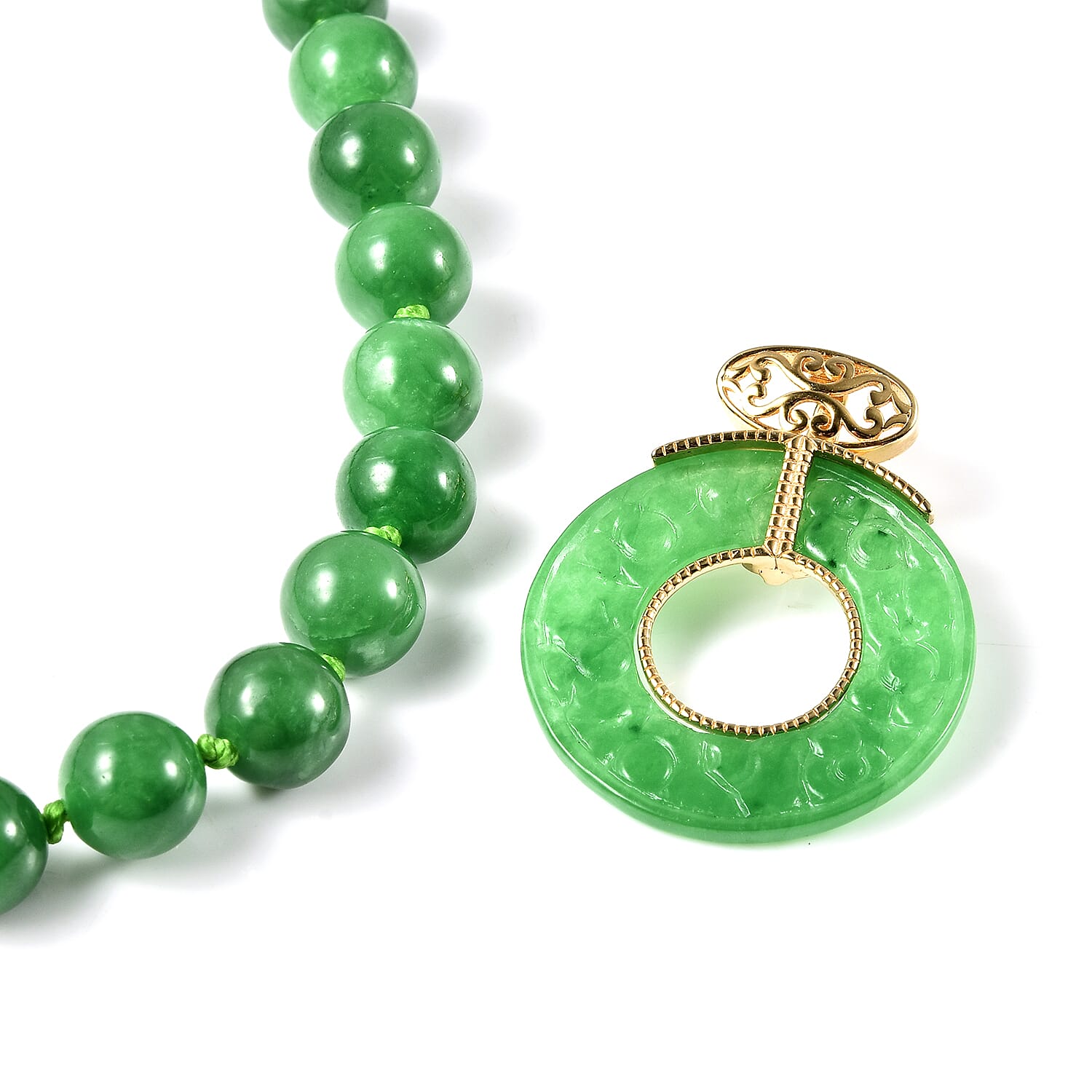 Carved Green Jade Beads Necklace (Size 18) with Magnetic Lock in Yellow Gold Overlay Sterling Silver 356.00 Ct