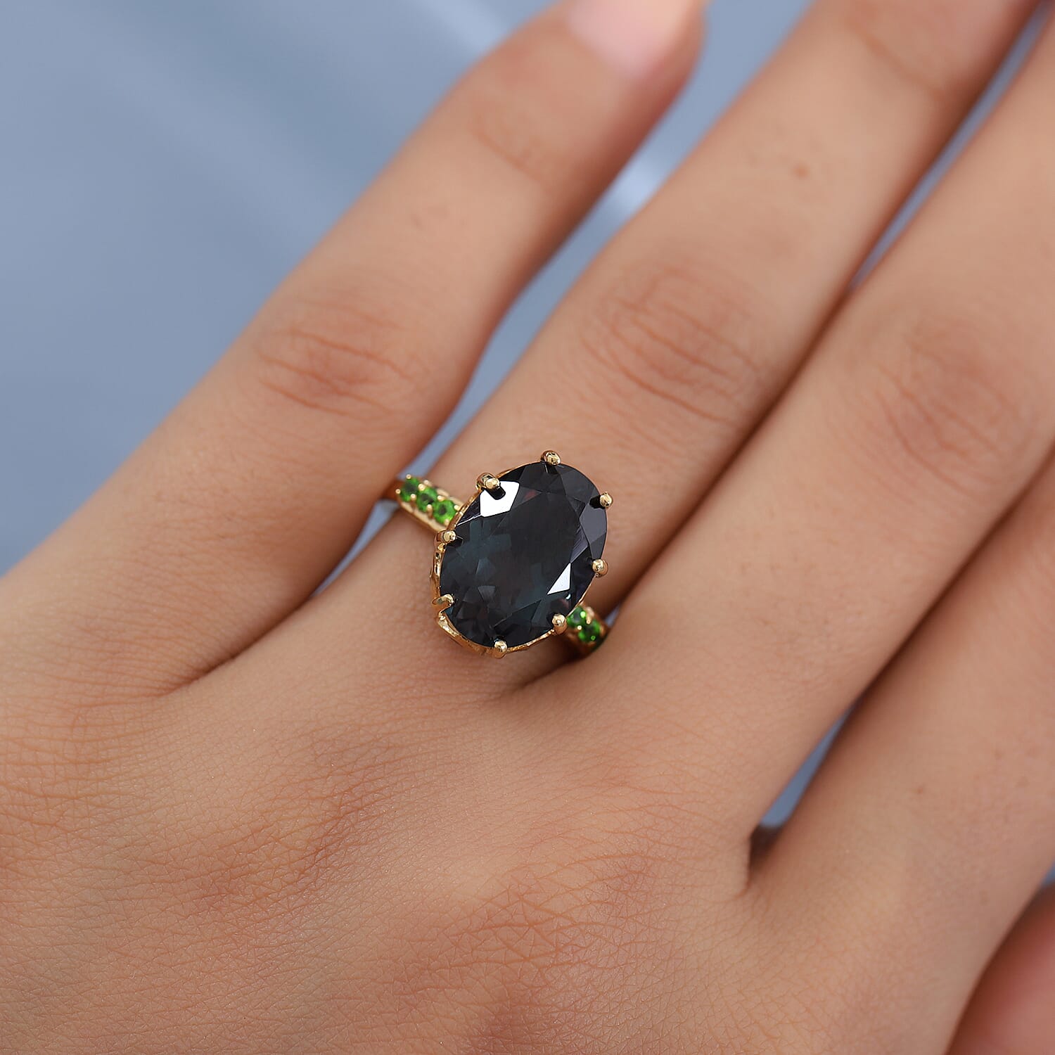 Alexandrite Triplet Quartz, Peridot, Rhodolite Garnet and Chrome Diopside Ring in 14K Gold Overlay Sterling Silver 7.79 Ct.