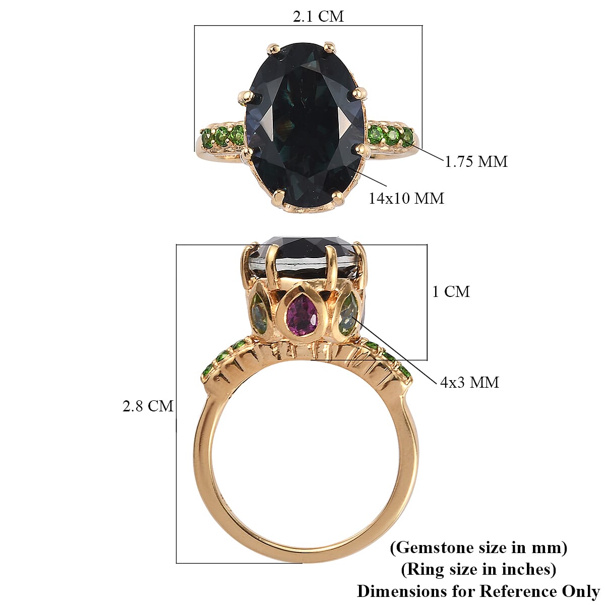 Alexandrite Triplet Quartz, Peridot, Rhodolite Garnet and Chrome Diopside Ring in 14K Gold Overlay Sterling Silver 7.79 Ct.