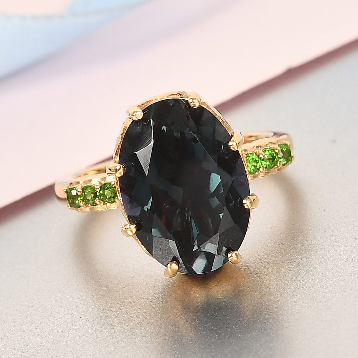 Alexandrite Triplet Quartz, Peridot, Rhodolite Garnet and Chrome Diopside Ring in 14K Gold Overlay Sterling Silver 7.79 Ct.