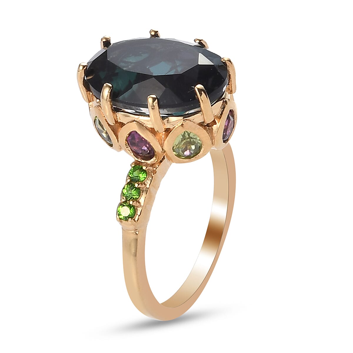 Alexandrite Triplet Quartz, Peridot, Rhodolite Garnet and Chrome Diopside Ring in 14K Gold Overlay Sterling Silver 7.79 Ct.