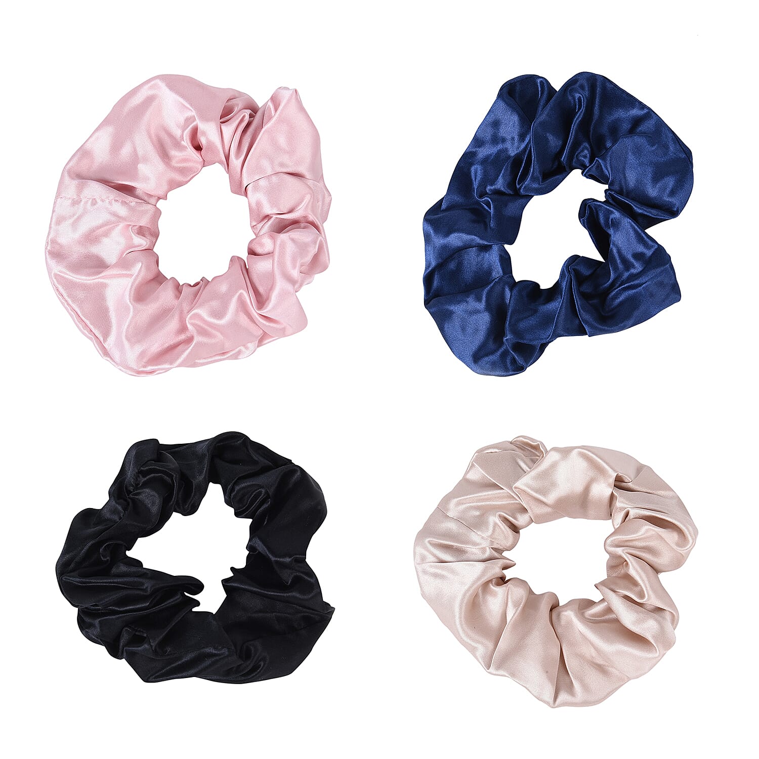 Set of 4 - 100% Mulberry Silk Scrunchies in Black, Pink, Navy & Champagne