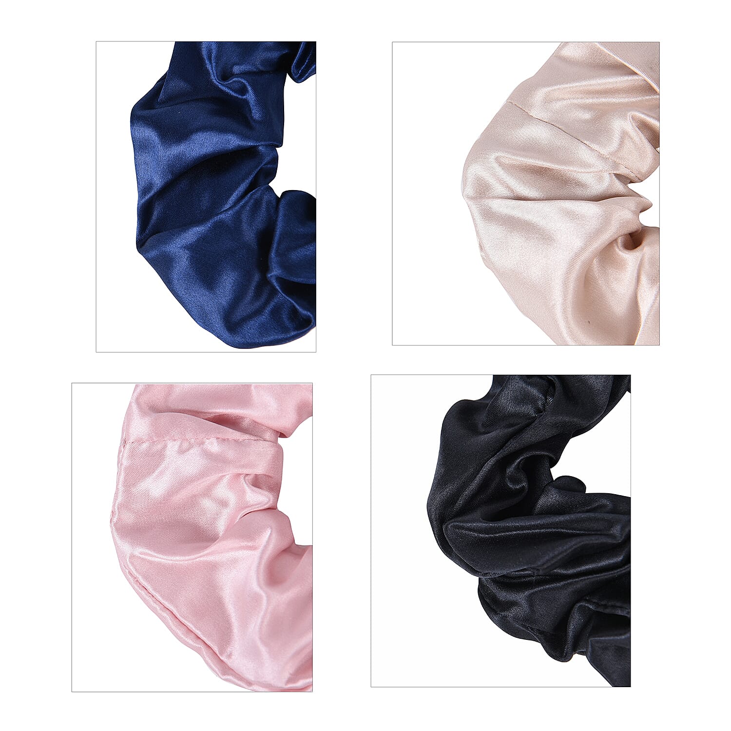 Set of 4 - 100% Mulberry Silk Scrunchies in Black, Pink, Navy & Champagne
