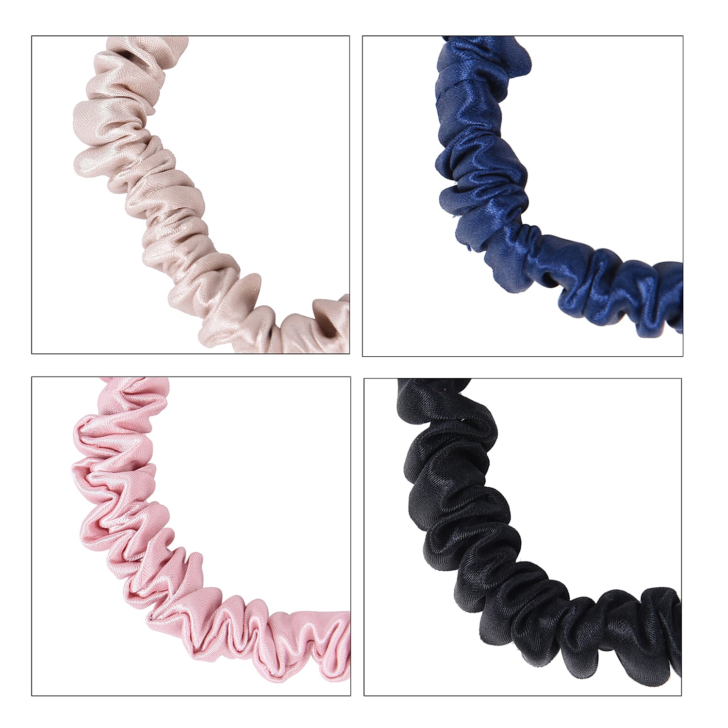 Set of 4 (Thin) - 100% Mulberry Silk Scrunchies in Black, Pink, Navy - Champagne