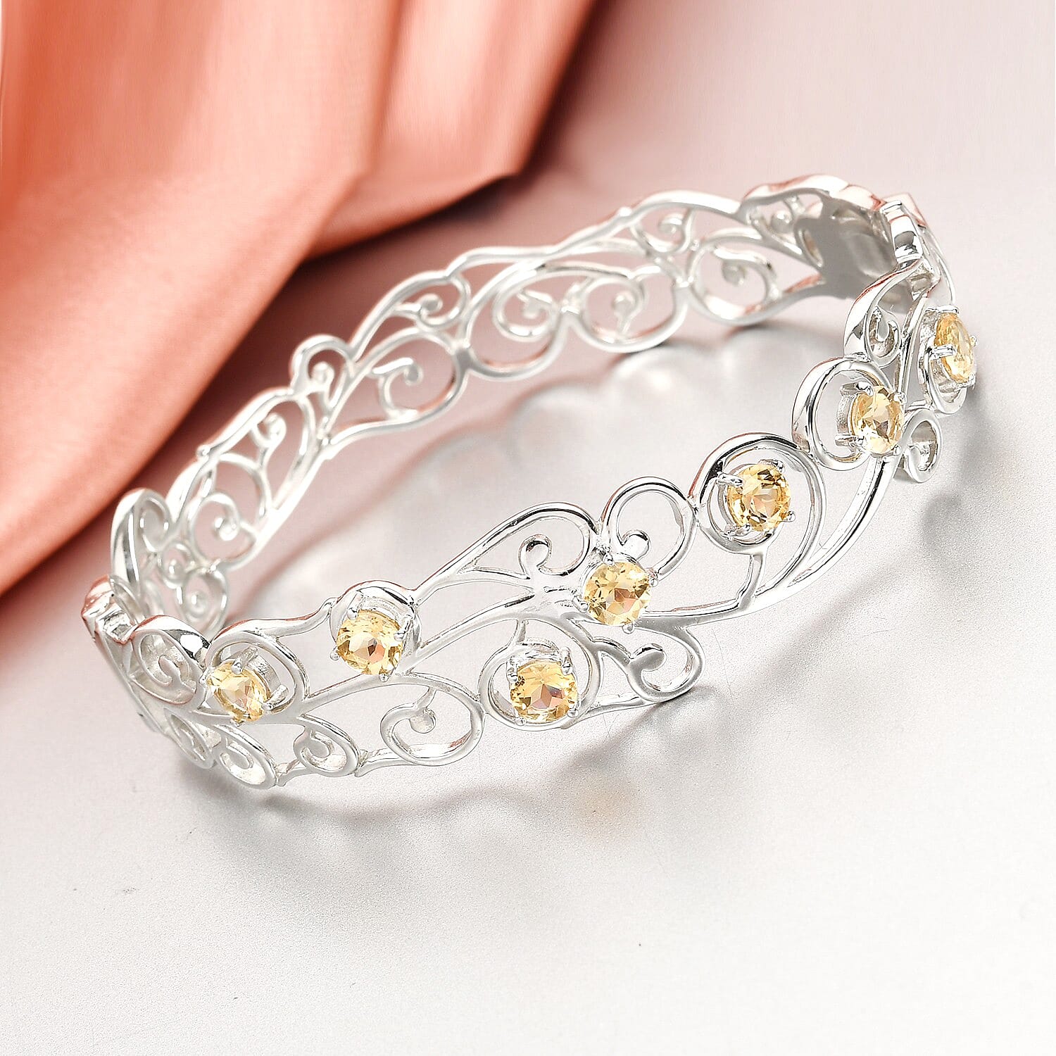 One Time Deal - Citrine Vine Design Bangle (Size 7.5) in Silver Tone 3.00 Ct.