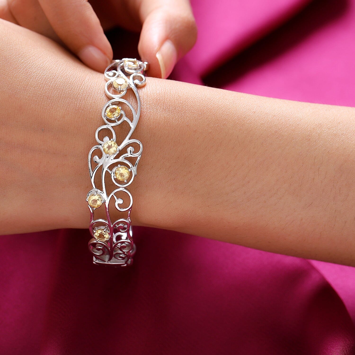 One Time Deal - Citrine Vine Design Bangle (Size 7.5) in Silver Tone 3.00 Ct.