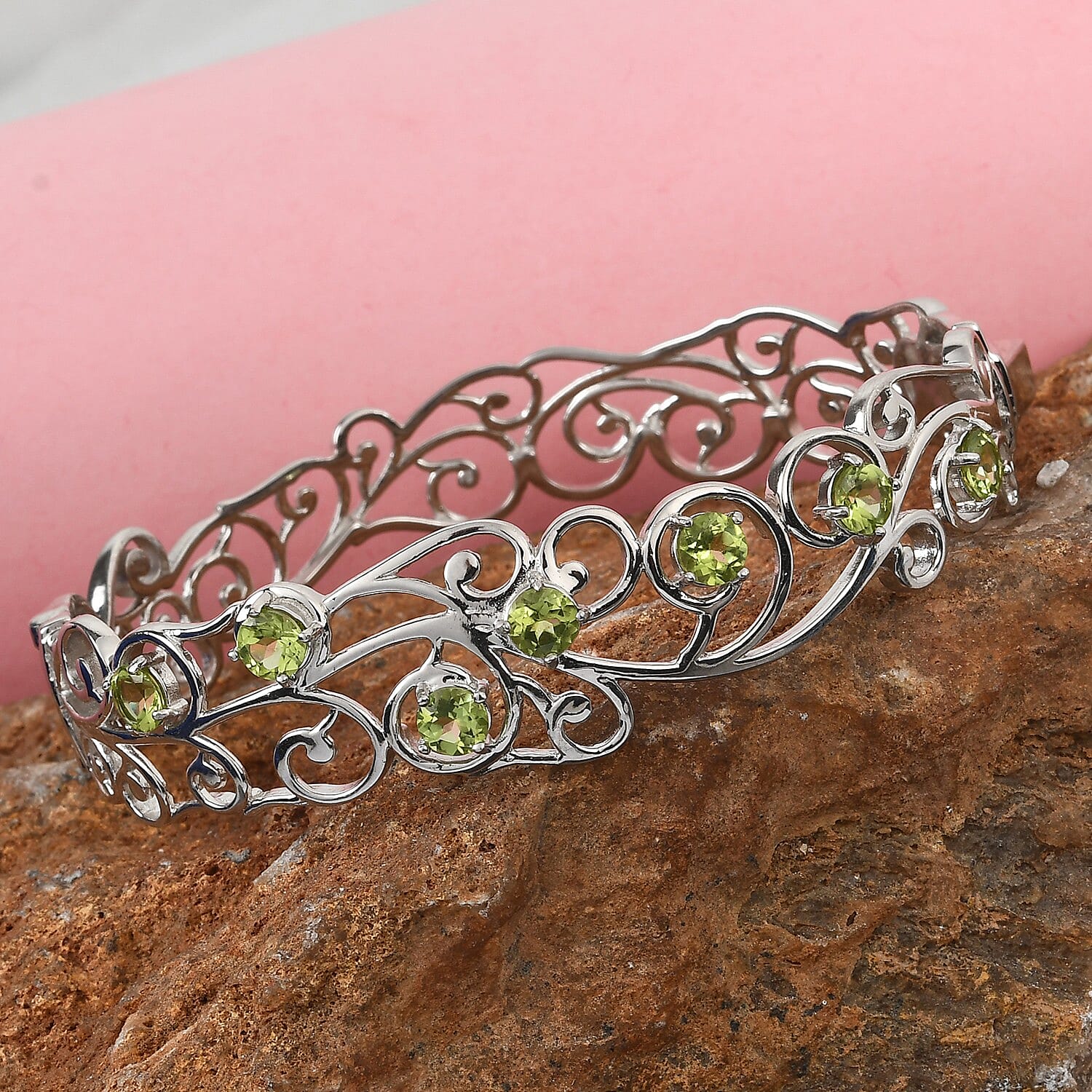 Hebei Peridot Vine Design Bangle (Size 7.5) in Silver Tone 3.59 Ct.