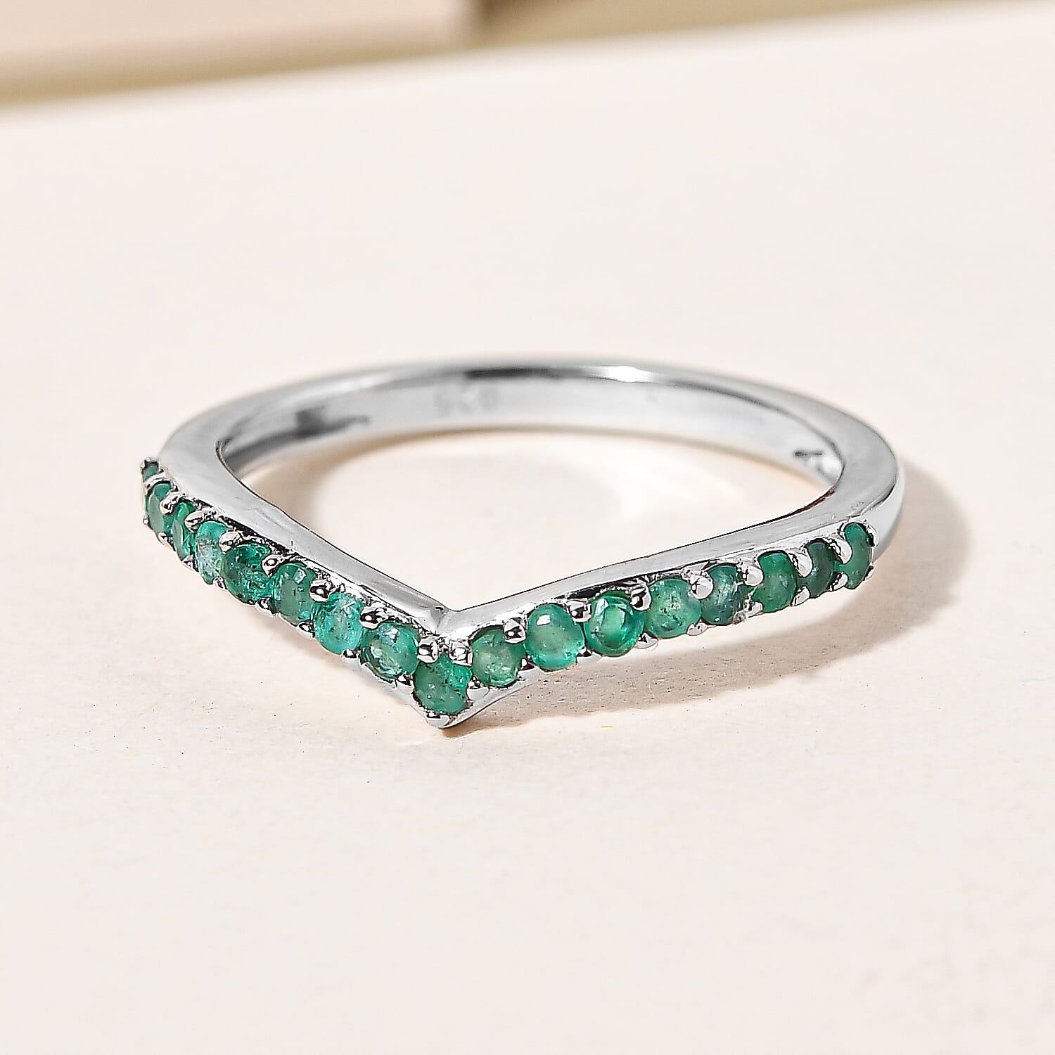 Kagem Zambian Emerald Wishbone Ring in Platinum Overlay Sterling Silver